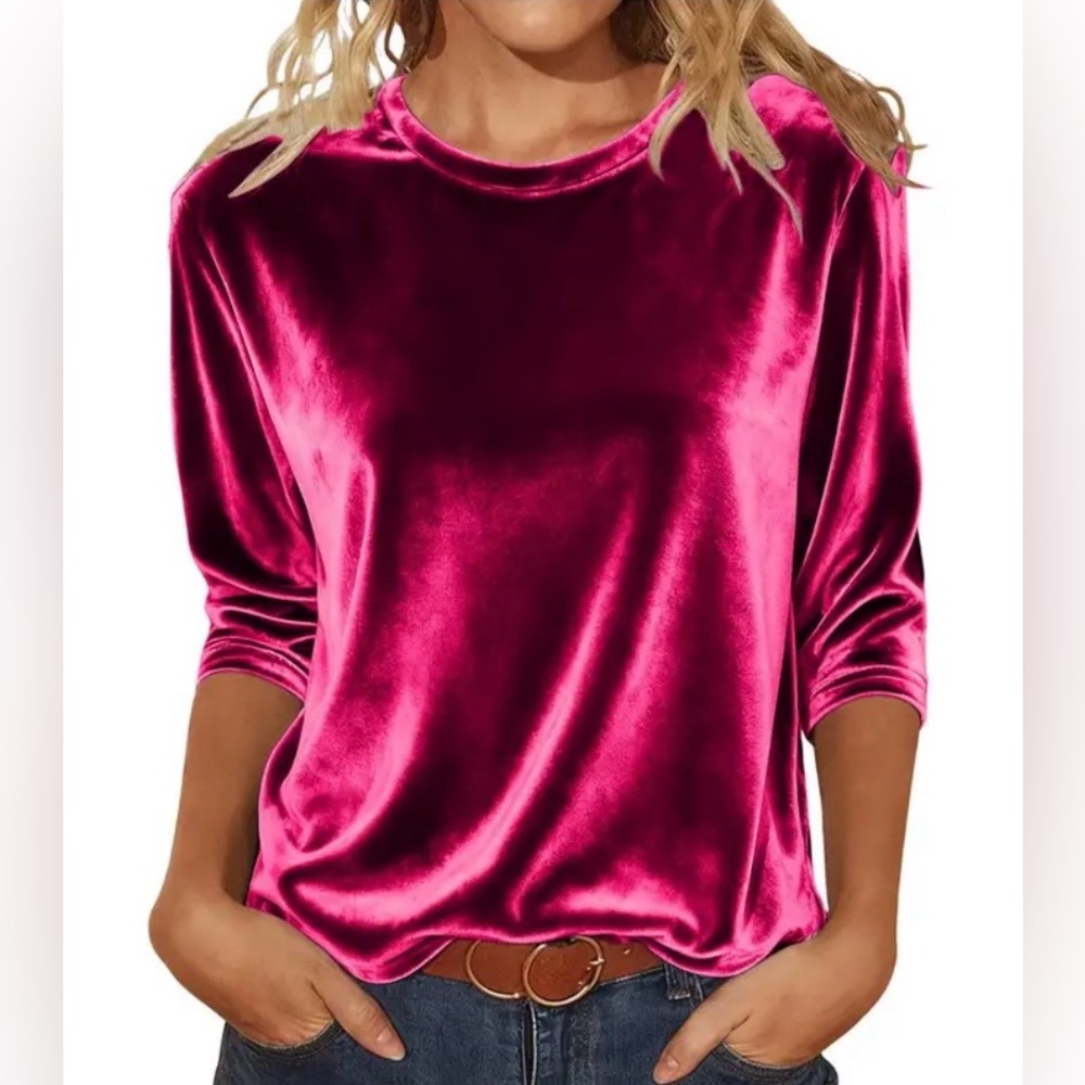 Raspberry Fuchsia Velvet Top XL Long Sleeve Crew Neck NWT Astrid